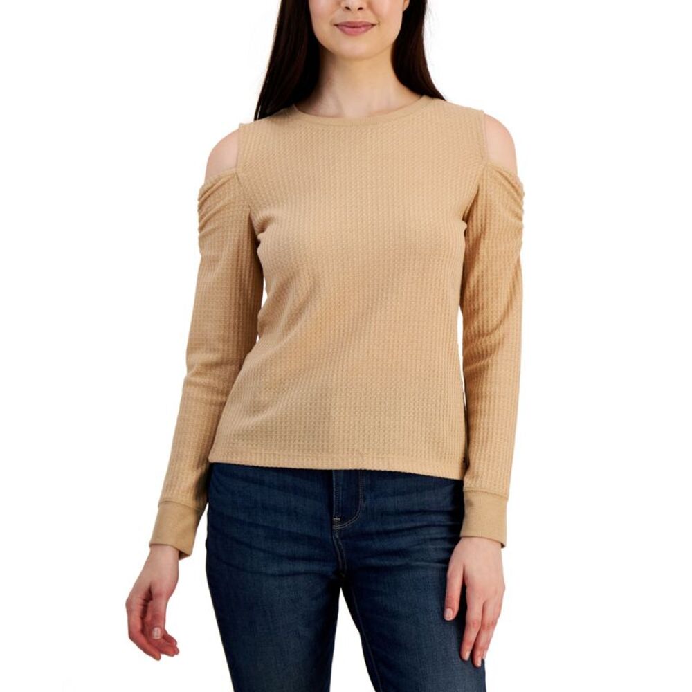 Tommy Hilfiger Womens Metallic Waffled Cold Shoulder Shirt